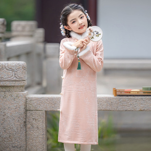 儿童冬季加绒加厚长袖公主裙女童粉色旗袍连衣裙新年唐装拜年服装