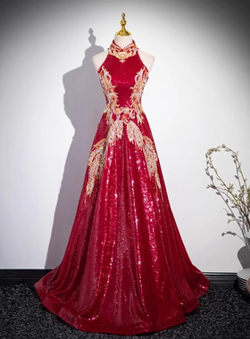 酒红色亮片新娘敬酒服刺绣级感礼服裙挂脖式修身显瘦晚礼服春季