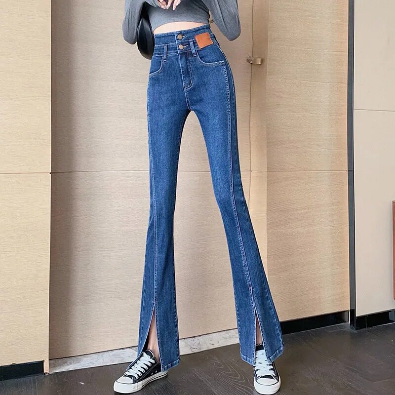 开叉牛仔裤女裤子秋冬季2024新款腰显瘦黑色开衩微喇叭马蹄长裤