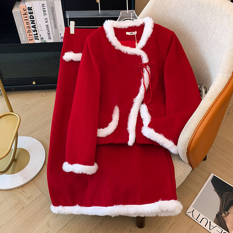 300斤大码女装胖mm新中式冬夹棉红色短外套+半身裙两件套2025新款