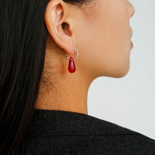 秋冬红玛瑙水滴耳环女新年时尚 复古小众设计港风925银耳针耳饰
