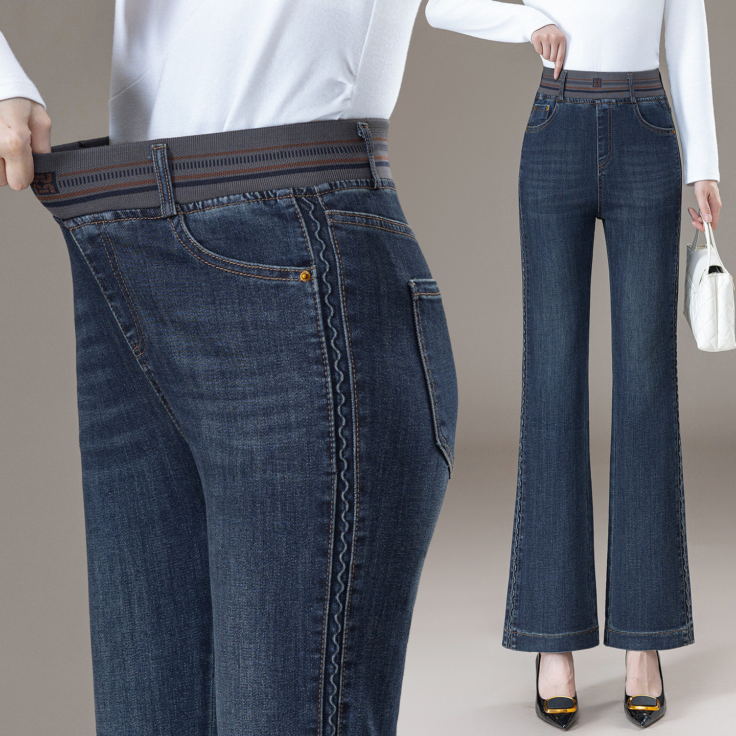 喇叭牛仔裤春秋季2025新款中年女裤松紧腰微喇中老年棉弹显修身