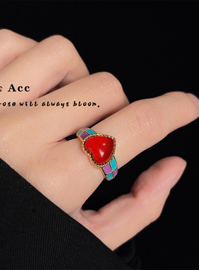 彩色滴油爱心戒指镀18k金小众设计感甜美多巴胺食指戒夸张指环