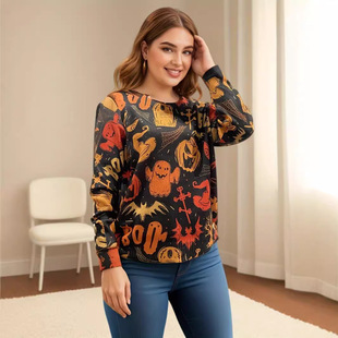 万圣节大码毛衣女式长袖上衣秋季派对套头衫幽灵趣味南瓜恶魔图案