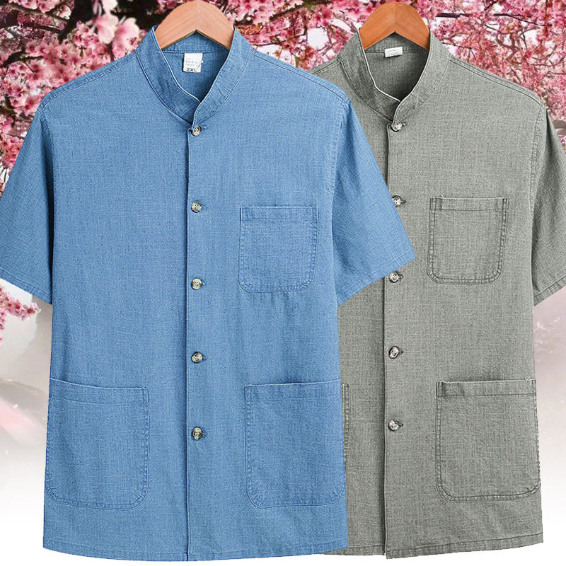 夏季爸爸短袖棉麻衬衫中老年人宽松透气上衣爷爷衬衣中式老头衫