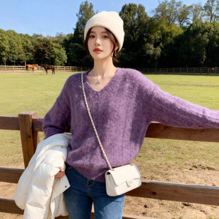 100羊毛羊绒花纱拉绒毛衣女秋冬350g加厚保暖宽松毛衣羊毛衫 女士