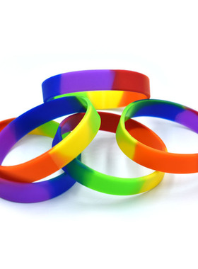 彩虹六段色空白光板硅胶腕带新潮男女闺蜜恋人情侣手镯环圈宽12MM