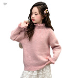女童2025年秋冬新款樱花粉领木耳边加厚毛衣女大童洋气保暖内搭，童装毛衣，祺儿童装