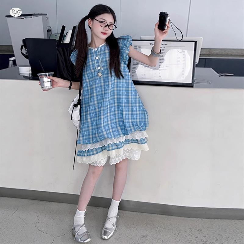 女童蓝色格子花苞裙套装2025夏季小女孩连衣裙中大童装打底南瓜裤，童装休闲套装，祺儿童装