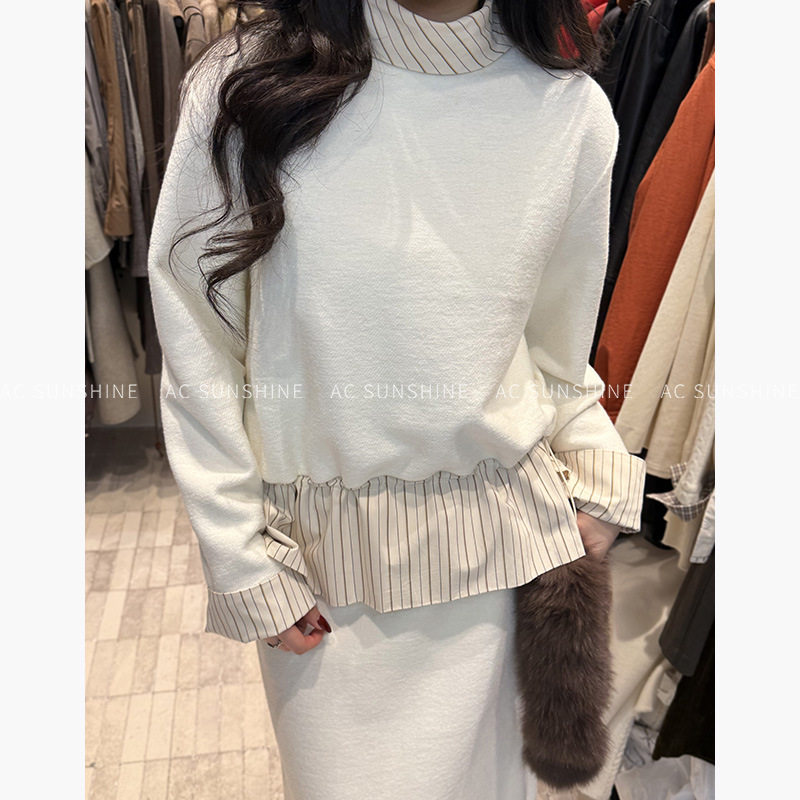 翡格依2026春季新款设计感圈圈羊毛天丝拼接长袖针织衫条纹上衣女,女装/女士精品,毛针织衫,淘宝优惠券,粉丝福利购,淘宝优惠卷
