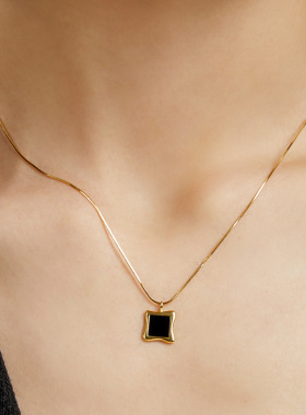 925纯银项链天然黑玛瑙小方糖女级感毛衣链轻奢ins小众饰品青岛