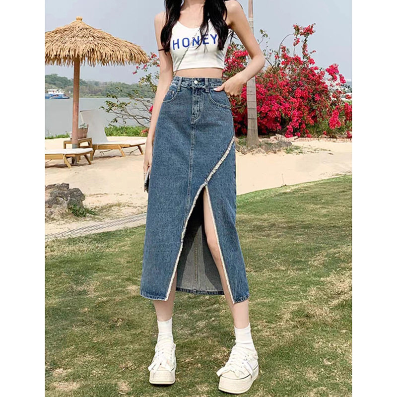 高腰开叉牛仔半身裙女夏毛边a字中长款显瘦牛仔裙子辣妹潮牛仔裙