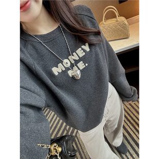 怕冷星人狂喜！~暖舒糯米绒刺绣字母卫衣女秋冬新款宽松圆领上衣