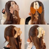 珍珠流苏蝴蝶结毛绒抓夹大号女秋冬气质后脑勺盘发鲨鱼夹头饰发卡