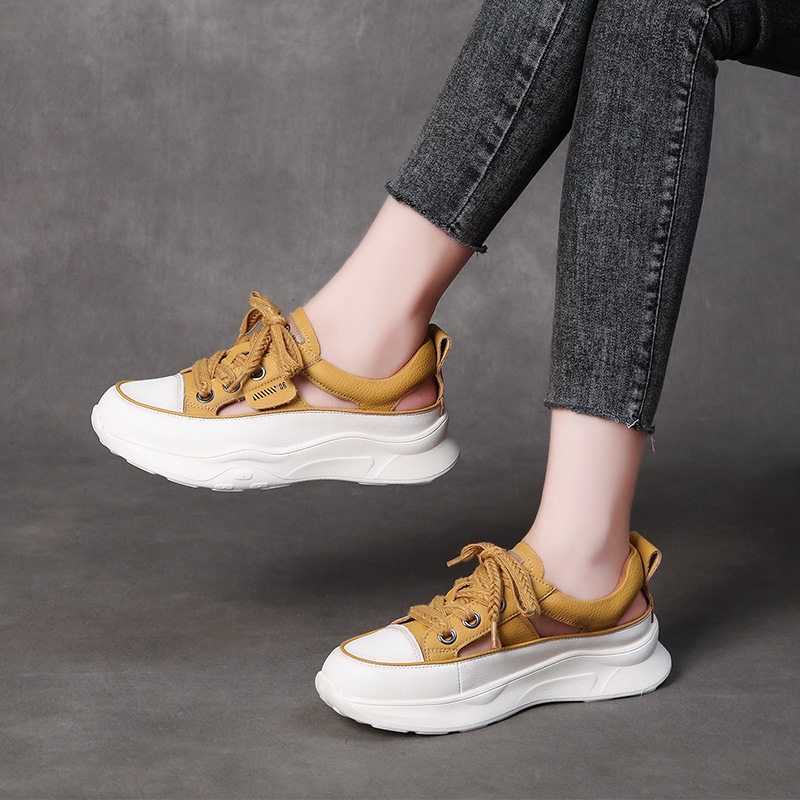 真皮轻便运动风凉鞋夏季新款牛皮糖果色系带透气舒适跑步休闲女鞋