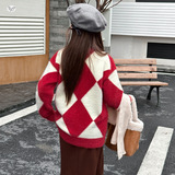 女童2025年秋冬新款菱形方格蝴蝶结毛衣女大童加绒加厚保暖毛毛衣，童装毛衣，祺儿童装