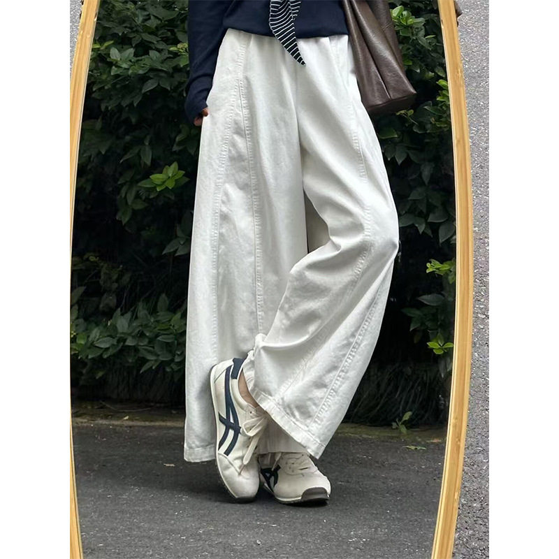 女款新款白色日系宽松水洗垂感松紧腰阔腿裤女腰显瘦遮胯裤子正品