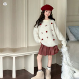 女童加厚毛衣套装2025年秋冬新款中大童韩系可爱针织衫格子裙两件，童装休闲套装，祺儿童装