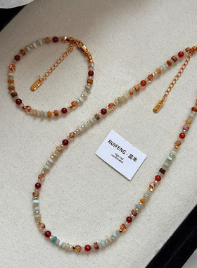 彩色多巴胺碧玺石串珍珠小项链配饰女2025新款叠戴锁骨链颈链