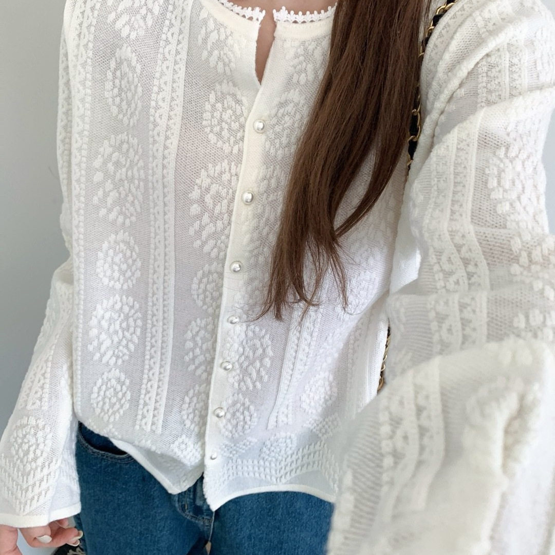 钩花蕾丝边剪刀领长袖针织开衫女时尚设计早春新款打底衫潮,女装/女士精品,毛针织衫,淘宝优惠券,粉丝福利购,淘宝优惠卷