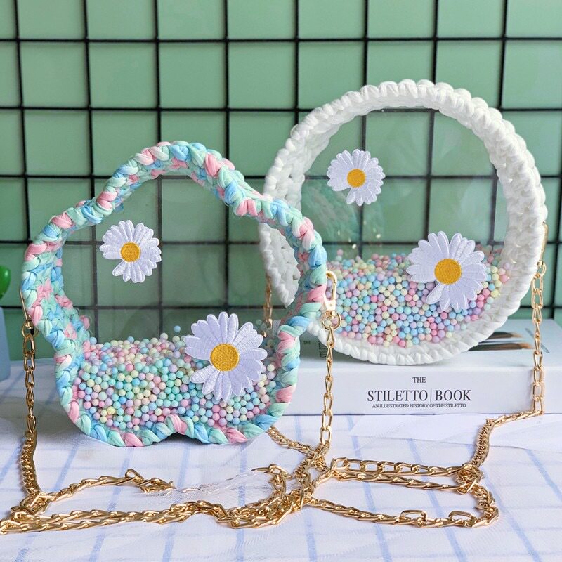 自制泫雅风花朵手工编织包包布条线diy材料包透明肩斜挎包成品