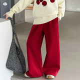 女童2025年冬季新款加绒运动裤女大童垂感新年红修身阔腿糯米裤子，童装裤子，祺儿童装