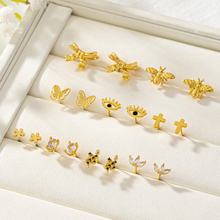 一套多件套迷你可爱镶锆耳钉铜镀18K金优雅百搭小巧精致休闲耳饰