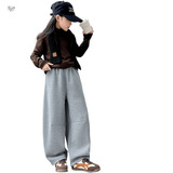 女童2025冬季新款刺绣加绒加厚卫裤女大童户外保暖百搭休闲阔腿裤，童装裤子，祺儿童装