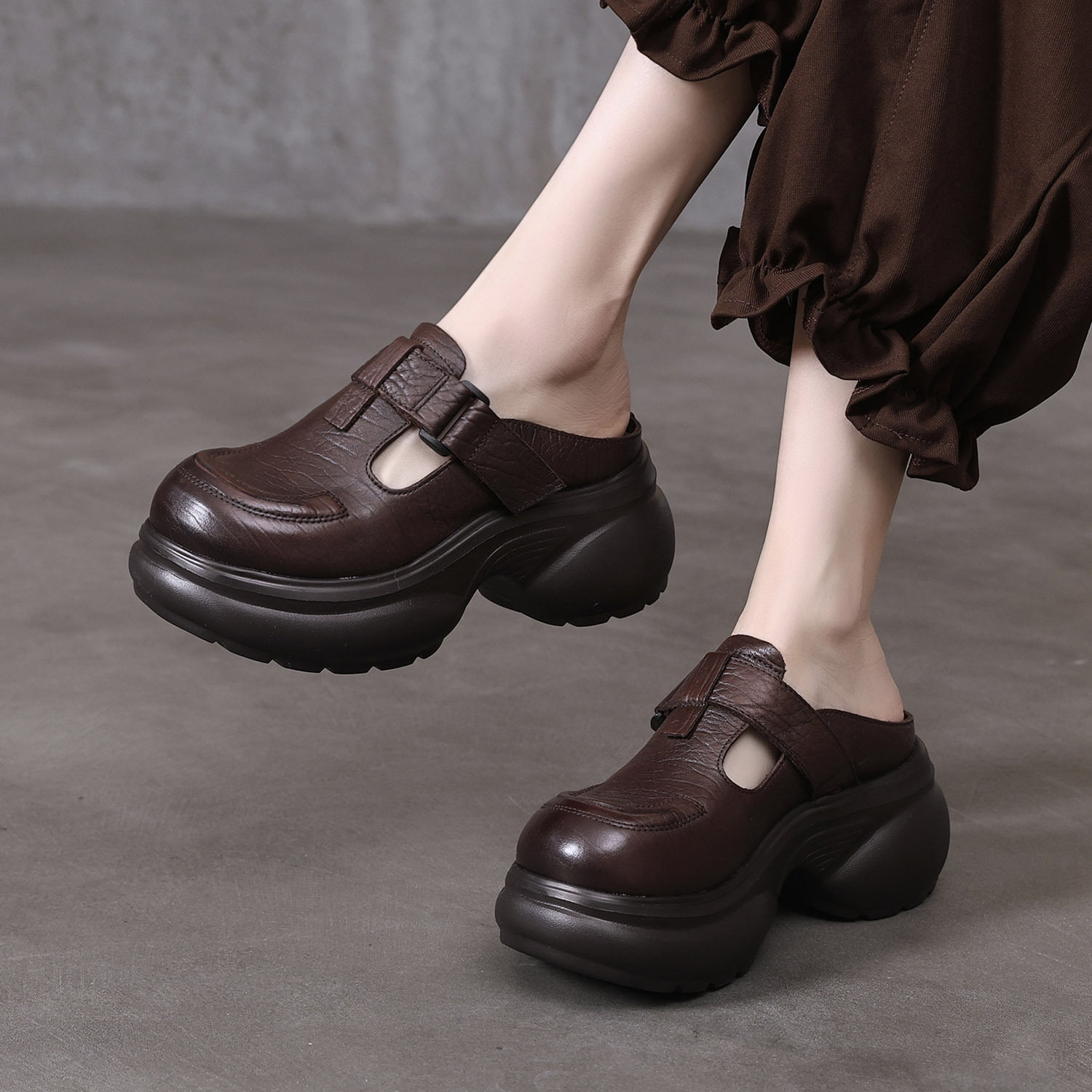 水洗头层牛皮厚底包头凉拖鞋女真皮高跟小个子休闲复古一字拖夏新