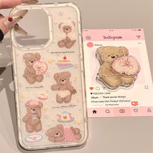 Korean-style cute cartoon bear holder case适用iphone 11 12 13 14 15 16 plus 17 pro max