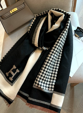 简约千鸟格围巾女秋冬季新款百搭轻奢风长款加厚仿羊绒保暖披肩