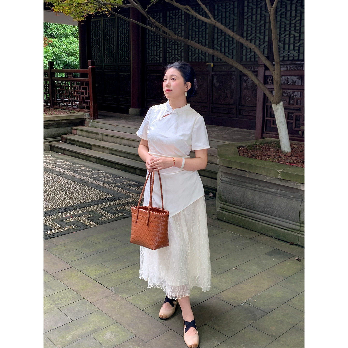 中式立领盘扣裙假两件不规则旗袍