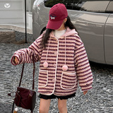 女童秋冬加厚外套2025新款针织拼接条纹毛毛衣中大童可爱毛球开衫，童装外套，祺儿童装