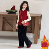 女童套装2025年冬季新款中大童风唐装马甲阔腿裤四件套时髦年服，童装休闲套装，祺儿童装