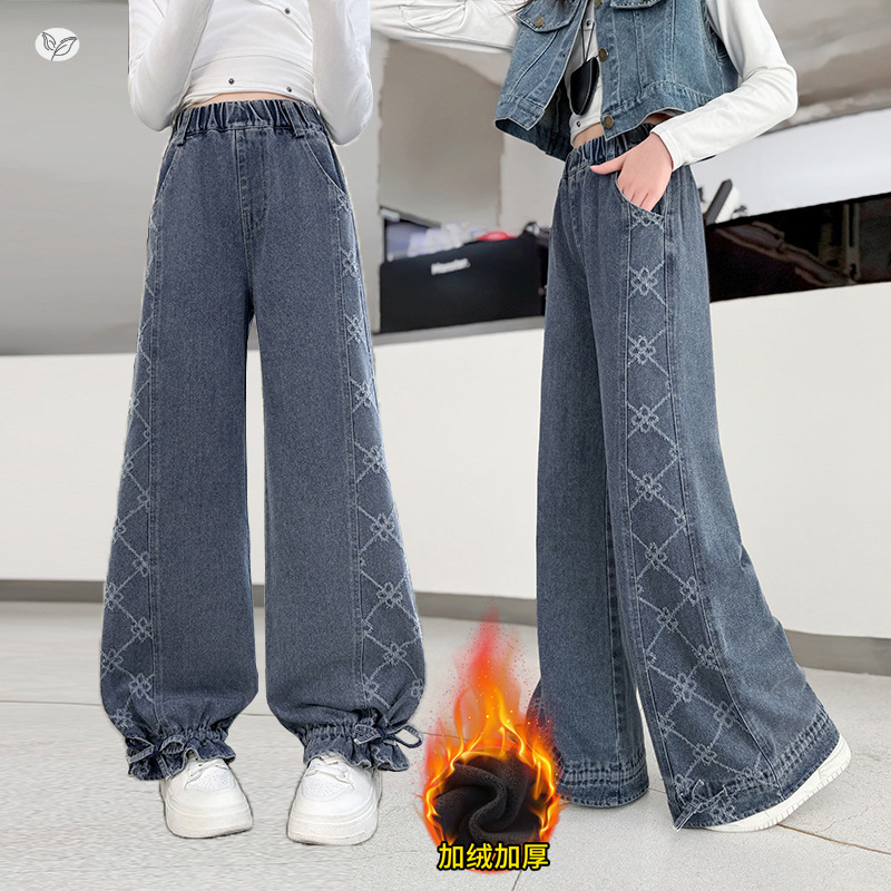 女童2025年秋冬新款百搭特种拉花加绒牛仔裤女大童户外保暖灯笼裤，童装裤子，祺儿童装