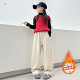 女童加绒长裤2025年秋冬新款休闲人字纹阔腿裤中大童保暖直筒长裤，童装裤子，祺儿童装