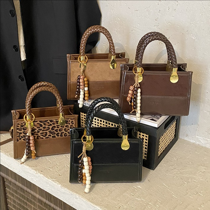 豹纹麂皮复古手提包拼色小众小