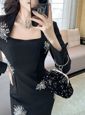 秋装新款重工设计感镶钻方领包臀连衣裙女御姐风气质小黑裙50705