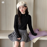 女童2025年春秋新款领边泡珠木耳边毛衣女大童简约时髦内搭针织衫，童装毛衣，祺儿童装