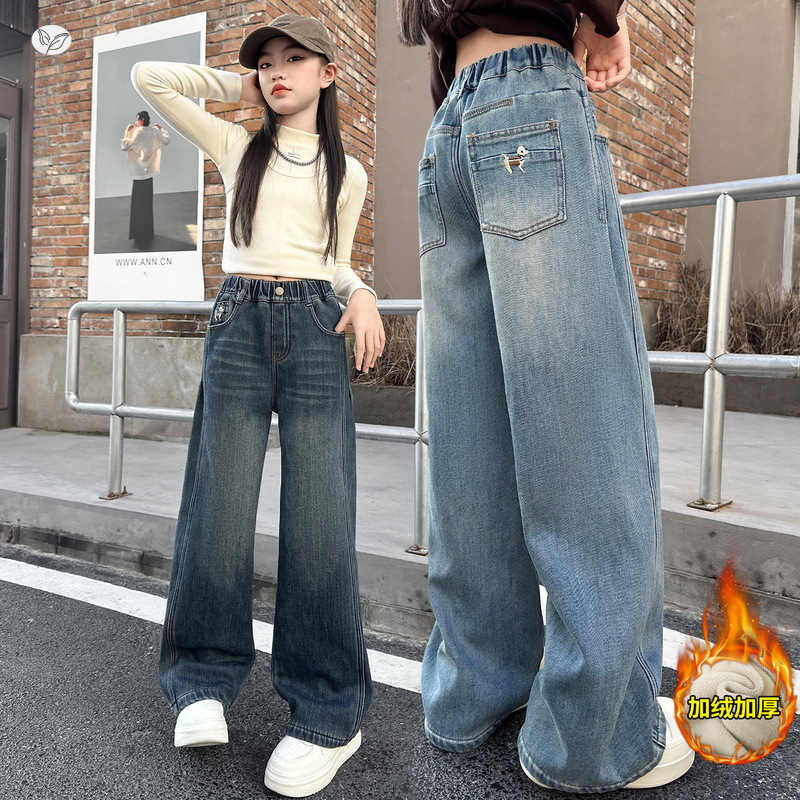 女童2025秋冬新款加绒牛仔裤中大童刺绣小狗阔腿裤直筒裤简约长裤,童装裤子,祺儿童装 女童2025秋冬新款加绒牛仔裤中大童刺绣小狗阔腿裤直筒裤简约长裤,童装裤子,祺儿童装