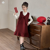 女童2025秋冬新款新春喜气新年红蝴蝶结背心裙下摆木耳边时尚裙子，童装休闲套装，祺儿童装
