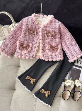 77222 女童小香风包边珍珠扣小香风加厚上衣2023秋冬款保暖外套