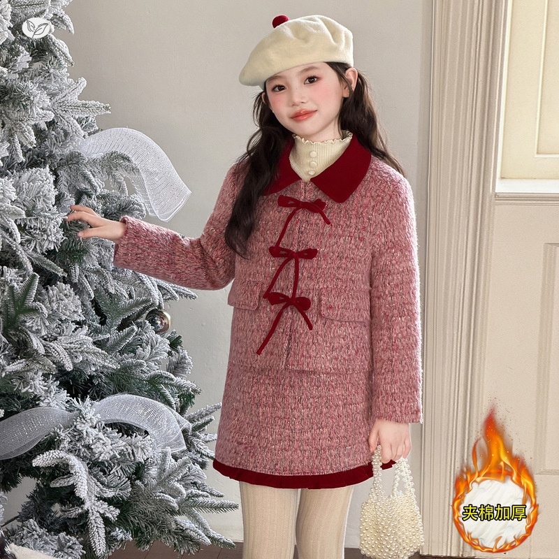 女童小香风套装夹棉加厚2025冬季新款中大童撞色新年服两件套时髦，童装休闲套装，祺儿童装