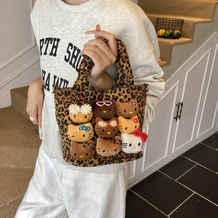 少女猫咪手提包小众豹纹包女2025新款流行百搭斜挎包单肩小拎包潮