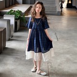 女童连衣裙夏季2025新款湖州织里童装蓝格子拼接裙子棉布公主裙潮，商品下架区，祺儿童装