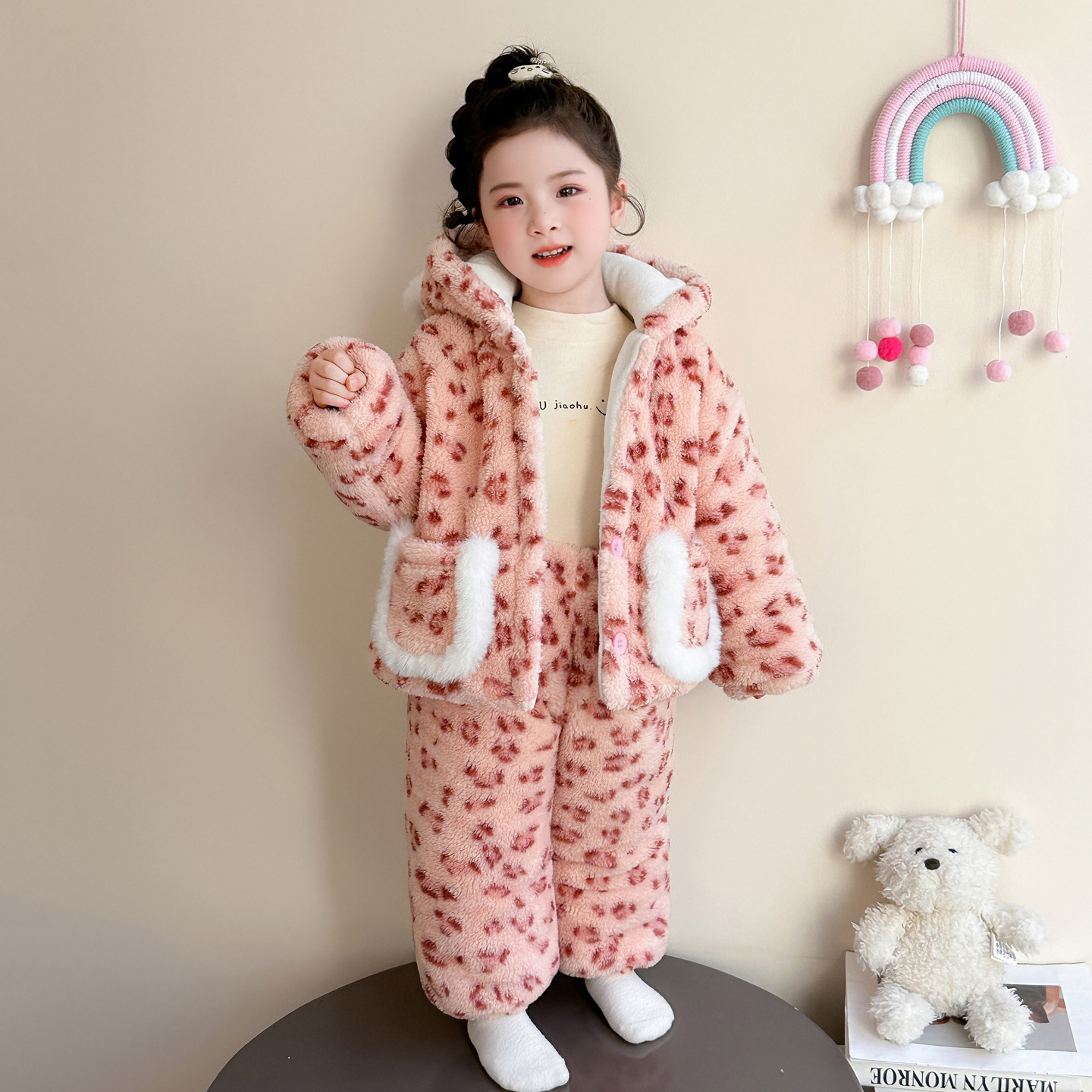 女童睡衣冬季2025新款小童三层夹棉加厚保暖冬装女豹纹家居服P99，童装家居服（睡衣），祺妙童装