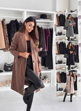 women coats blazer Ladies jacket秋冬长袖纯色带口袋毛呢外套女