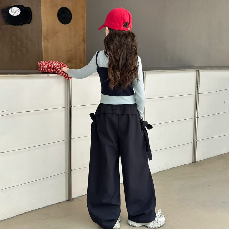 女童休闲套装2025秋季新款假两件打底衫蝴蝶结工装裤两件套中大童,商品下架区,祺儿童装