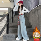 女童牛仔裤2025年秋冬加绒新款中大儿童绣花阔腿裤休闲直筒裤长裤，童装裤子，祺儿童装