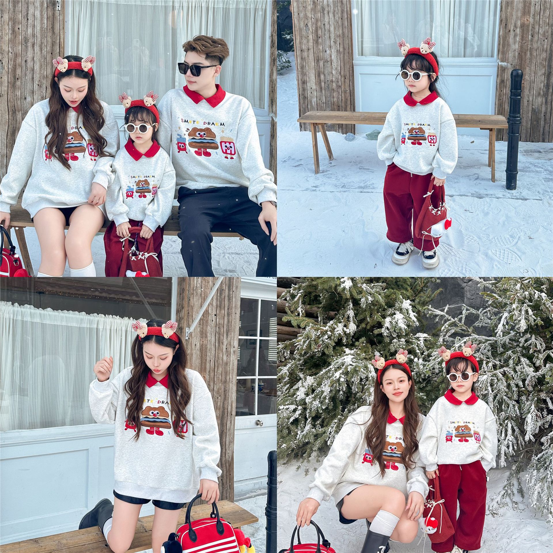 亲子装冬装一家三四口满月全家装撞色加绒卫衣运动会新年服母女装